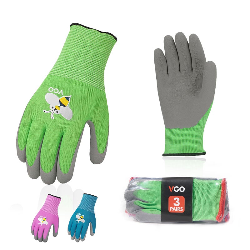 Vgo... 3-Pairs Age 7-9 Kids Gardening Gloves, Children Yard Work Gloves, Soft Safety Rubber Gloves (XS, KID-RB6013) - Image 1